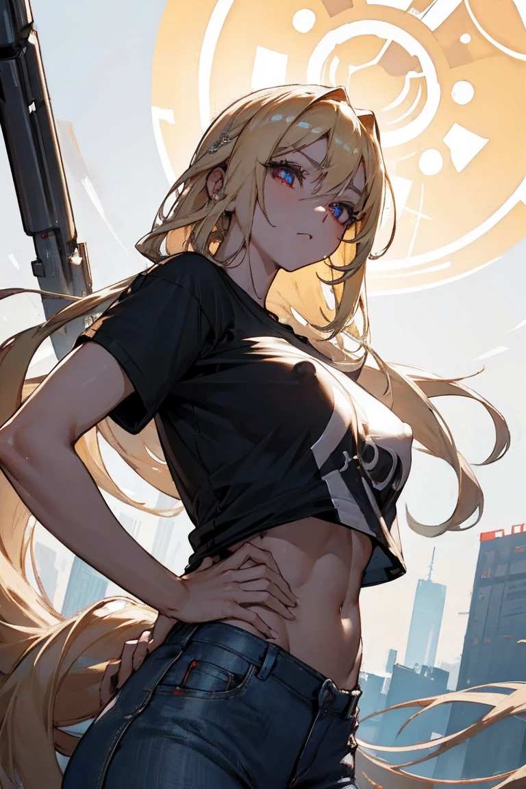 optimal，masterpiece，high resolution，best quality，Ultra HD，Very detailed，The award-winning，16K，Solitary，（Upper Body），Correct anatomy，Beautiful cyberpunk girl，Cowboy shooting、Cute face，，Blonde、Long hair、Double tail、Weaving, hairline，（（Scarlet eyes）），Long eyelashes，Drooping corners of the eyes，White skin，((Shot from below)), ((t-shirt:1.5)), Clock top、((Clear nipples))、Rocket , (Large Breasts),（because I'Thin），