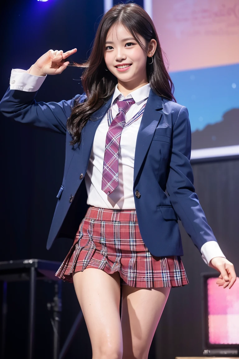 (8K), (highest quality: 1.2), (Realistic), (Realistic: 1.37), Ultra-high resolution, 1 girl, cute, (Embarrassed smile:1.2), (Blushing:1.4),Mouth closed, Beautiful details, Beautiful Nose, Wet Hair, giant dulcefo, pork, Thighs,Navel exposed,University Student Uniform,A simple blazer,Pleated skirt,(The skirt and tie are tartan check pattern.:1.3),Platform boots,Dancing on the school stage,(Shiny Thighs:1.2),Medium Shot,(白のニーハイソックス:1.5)