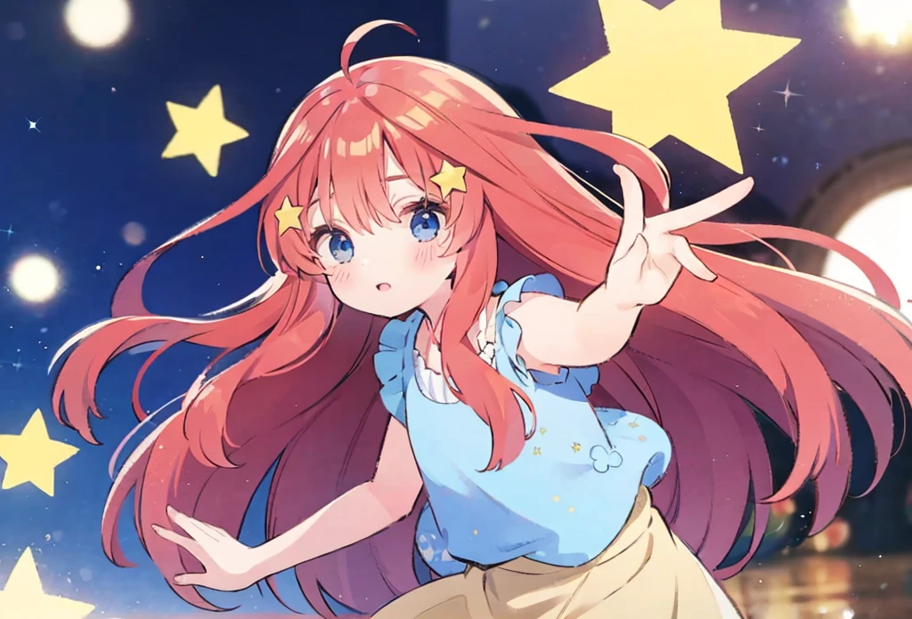 itsuki Nakano, Official art、Beautifully Aesthetic:1.2)、patterns、Hair spreads throughout、4k, excellent quality, Ultra Detail, Soft Light, Deep Focus Bokeh, Ray Tracing, --niji 5. Nakano itsuki from the quintessential quintuplets, itsuki Nakano, long fluffy red hair, blue eyes, nakano_itsuki, star hairclips, splendid, dynamic pose, excellent character design, star hair ornament , perfect face, neat, clean, perfect definition  aaitsuki, long fluffy hair,bangs,hair between eyes, (Casual Outfit),  long beige skirt, sleeveless top,surrounded by stars, playing with stars, curious amazed face