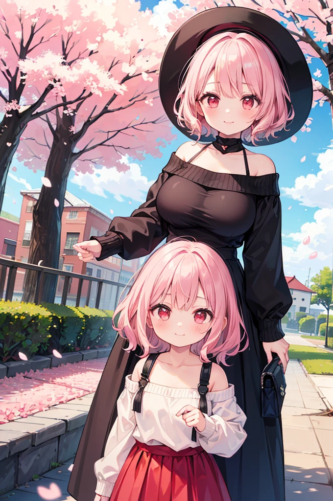 ((Masterpiece)),((high resolution)),((Best Quality)),Anime illustration,(((1girl))),,(wavy hair),(short hair),(pale pink hair color),small ponytail,Red eyes,(Big round eyes),((tareme)),,((loli face)),ry big breasts)),Short stature,,Off-the-shoulder sweater,(long maxi skirt),smile,Ladylike,cherry blossoms,
