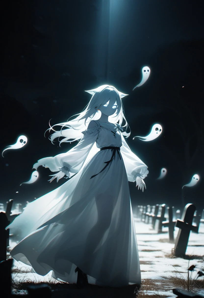 a girl as a glowing translucent catgirl spirit, best quality, masterpiece, ultra high res, raw photo, ghostly transparent body, light white body, white aura, flying ghost, ghost light, grave yard, Dynamic lighting,
