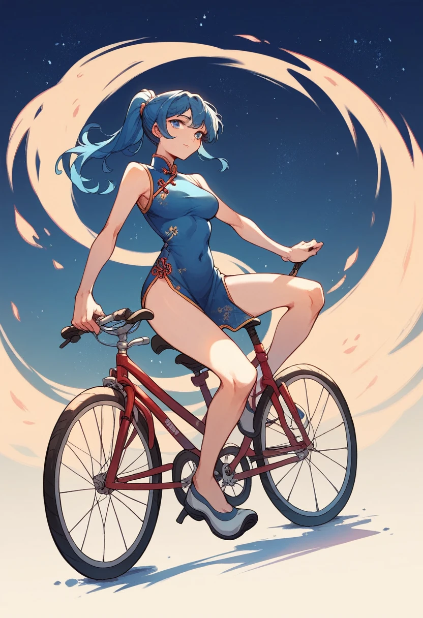 1girl, ponytail, blue hair, blue eyes, china dress, night view, rides a bicycle,
