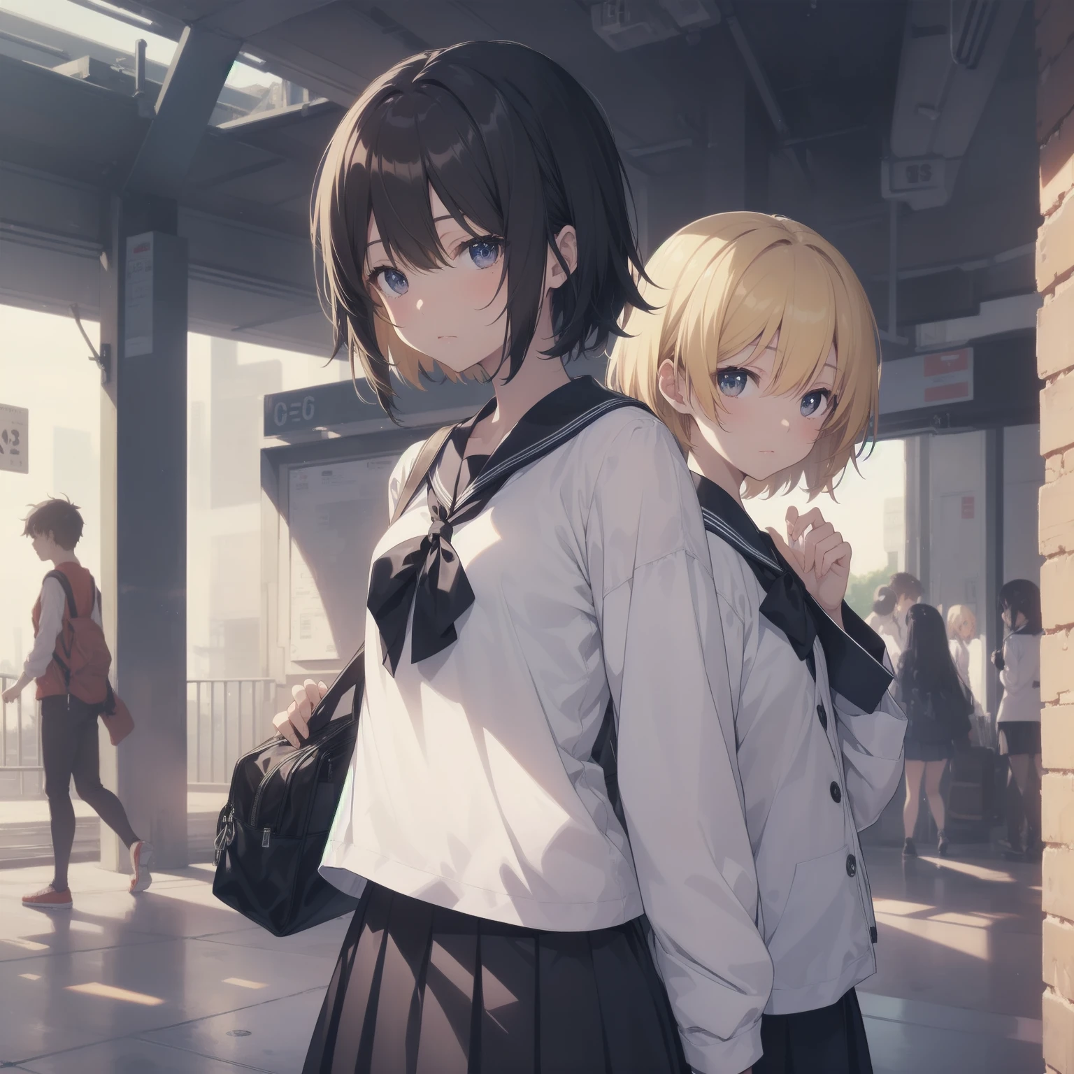 ultra-absurdres-Top quality by artist God, ultra-detailed, high resolution, anime moe artstyle, best anime 8k konachan wallpaper, pixiv contest winner, pool:2810, perfect anatomy,break, 1girl, (Please draw a girl walking sleepily to school alone. )break,(Solo,little female, 13-year-old:1.3),Full limbs, complete fingers,a junior high school student, (very short hair), short cut, flat chest, , small butt, small black eyes, beautiful detailed eyes, well-proportioned iris and pupils, expressive eyes, highres detailed hair, soft expression, salor school_uniform, sailor collar, serahuku, bow, pleated skirt,(Detailed Lighting), (Detailed background), in the School commute route. break,super detailed skin, Best cinematic lighting powered by famous artist, 8k,beauty illustration,photoshop_(medium),very aesthetic,break,((artist:yuuji_(and) )), artist:clamp ,artist:carnelian ,artist:kantoku ,