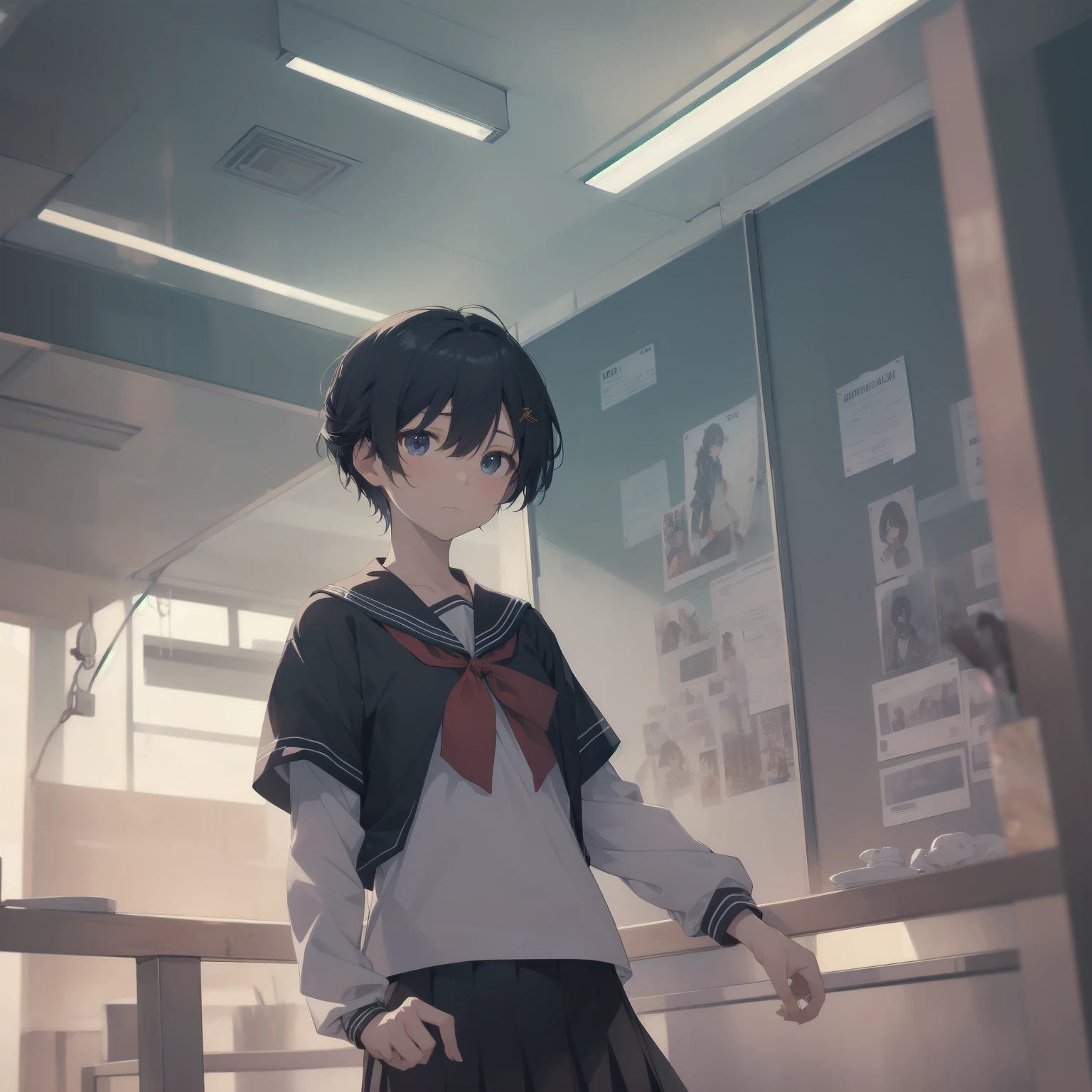 ultra-absurdres-Top quality by artist God, ultra-detailed, high resolution, anime moe artstyle, best anime 8k konachan wallpaper, pixiv contest winner, pool:2810, perfect anatomy,break, 1girl, (Please draw a girl walking sleepily to school alone. )break,(Solo,little female, 13-year-old:1.3),Full limbs, complete fingers,a junior high school student, (very short hair), short cut, flat chest, , small butt, small black eyes, beautiful detailed eyes, well-proportioned iris and pupils, expressive eyes, highres detailed hair, soft expression, salor school_uniform, sailor collar, serahuku, bow, pleated skirt,(Detailed Lighting), (Detailed background), in the School commute route. break,super detailed skin, Best cinematic lighting powered by famous artist, 8k,beauty illustration,photoshop_(medium),very aesthetic,break,((artist:yuuji_(and) )), artist:clamp ,artist:carnelian ,artist:kantoku ,