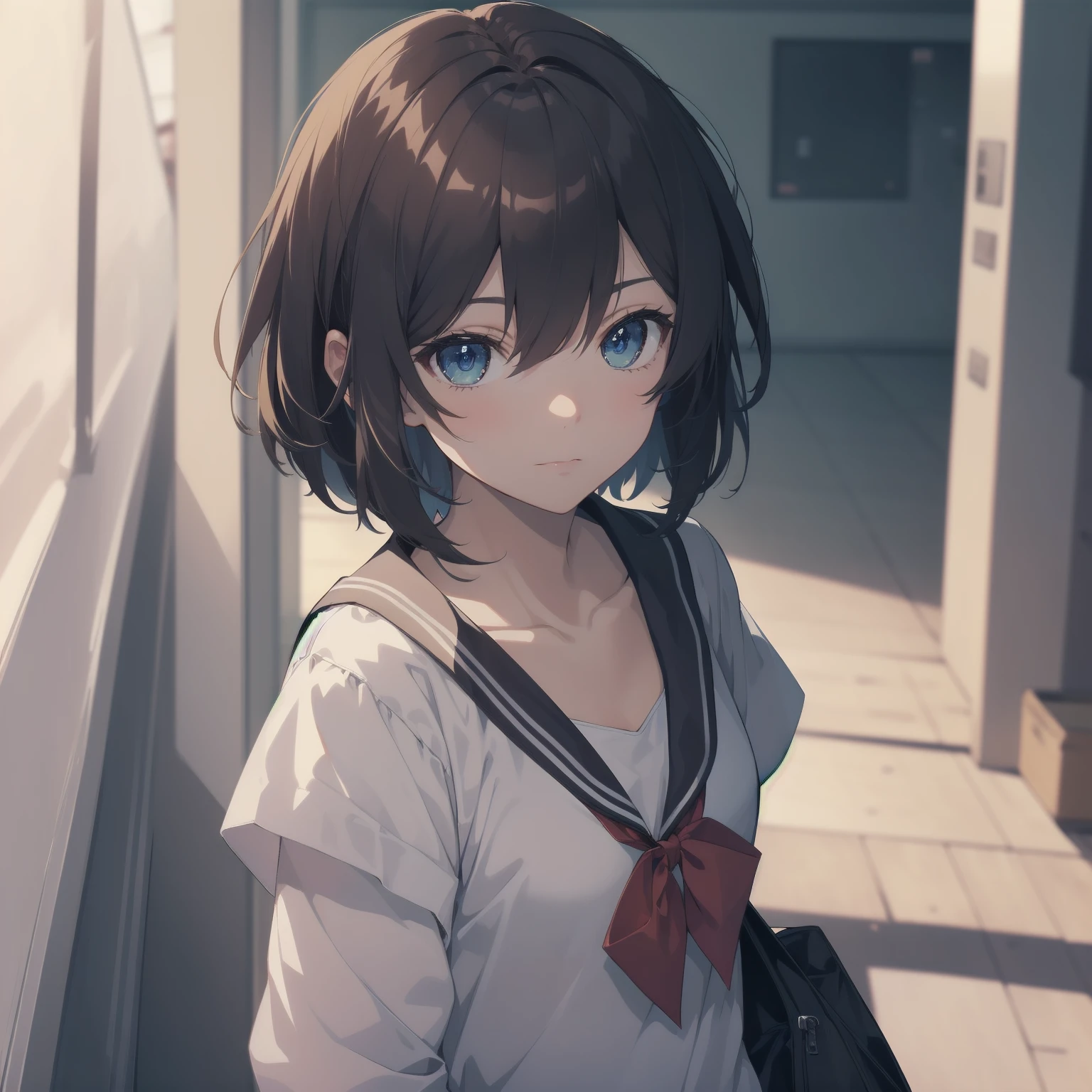 ultra-absurdres-Top quality by artist God, ultra-detailed, high resolution, anime moe artstyle, best anime 8k konachan wallpaper, pixiv contest winner, pool:2810, perfect anatomy,break, 1girl, (Please draw a girl walking sleepily to school alone. )break,(Solo,little female, 13-year-old:1.3),Full limbs, complete fingers,a junior high school student, (very short hair), short cut, flat chest, , small butt, small black eyes, beautiful detailed eyes, well-proportioned iris and pupils, expressive eyes, highres detailed hair, soft expression, salor school_uniform, sailor collar, serahuku, bow, pleated skirt,(Detailed Lighting), (Detailed background), in the School commute route. break,super detailed skin, Best cinematic lighting powered by famous artist, 8k,beauty illustration,photoshop_(medium),very aesthetic,break,((artist:yuuji_(and) )), artist:clamp ,artist:carnelian ,artist:kantoku ,