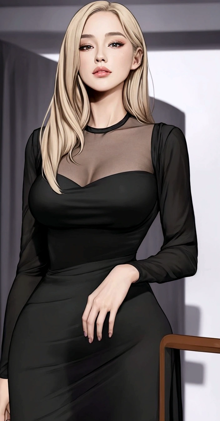 a Beautiful of a woman in a black dress posing for a picture, realistic 