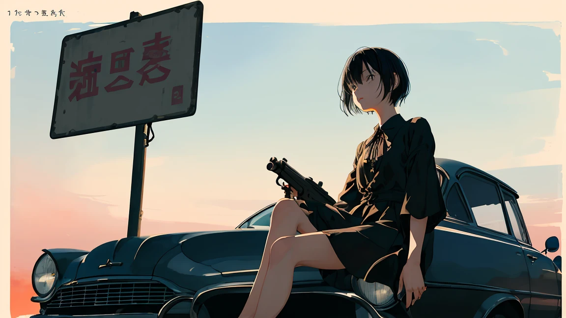 girl、blouse、Holding a gun、Curved road sign、Black Hair、short hair、Look down、Sit on top of the car、sitting cross-legged、Watercolor、Looking into the distance、Stylish illustrations、One person、Not real、Simple illustration、