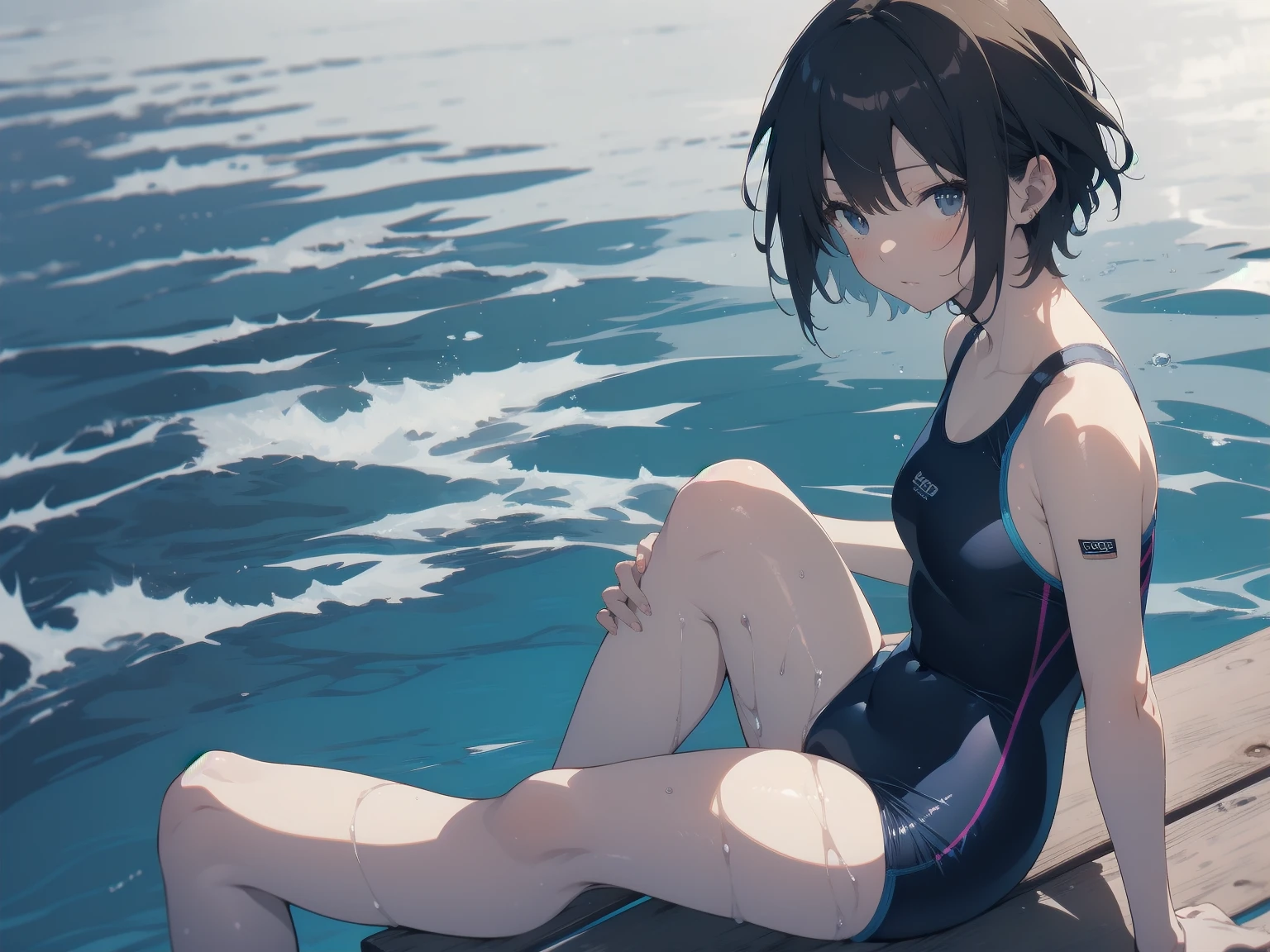 ultra-Top-quality by art God, ultra-detailed, high resolution, shinkai makoto style, anime moe artstyle, best anime 8k konachan wallpaper, pixiv contest winner, perfect anatomy, break,(Please draw a picture of a girl in a swimsuit sitting on a bench by the poolside alone.),break, a hyperrealistic school girl, parted lips, (Solo,ta, kid, 13-year-old:1.3),Full limbs, complete fingers, androgynous charm, very short hair, wet hair, small breasts,slender body, Small butt, groin, Small black eyes,hanme,beautiful detailed eyes, well-proportioned iris and pupils, sleepily, highres detailed hair, swimsuit, wet swimsuit, bare shoulders, thighs,  in the school pool. break,dewy skin, perspiration on the skin,skin texture, fine lines, pores, natural imperfections,light reflections, glossy skin, shiny skin,break,super detailed skin, shiny skin, Best lighting powered by famous artist, 8k, illustration,UHD, textured skin,break,((artist:yuuji_(and) )), artist:clamp ,artist:carnelian ,artist:kantoku ,