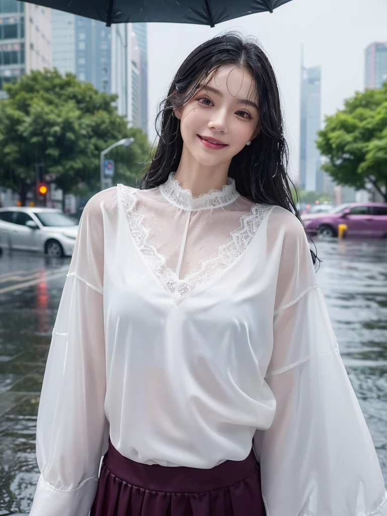 ((best quality, 8K, masterpiece: 1.3)),upper body,Black Hair, black eye,sharp focus: 1.2, beautiful woman: 1.4, ((medium hair: 1.2)), (small and beautiful hard (White long sleeve blouse with lace、Silk darkmagenta long skirt), (wet from rain: 1.3), (rain, street: 1.2), wet body: 1.2, Highly detailed face and skin texture, detailed eyes, double eyelids, White skin,E cup,smile,Financial district of the big city,Skyscraper,White skin,Wet Hair、Wet Skin、Wet clothes、smile、