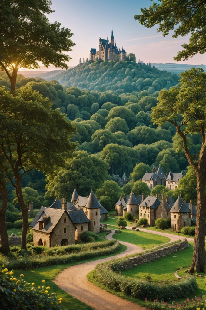 There is a forest picture of an elf village built in medieval trees view towards the village of a kingdom with castle 4k