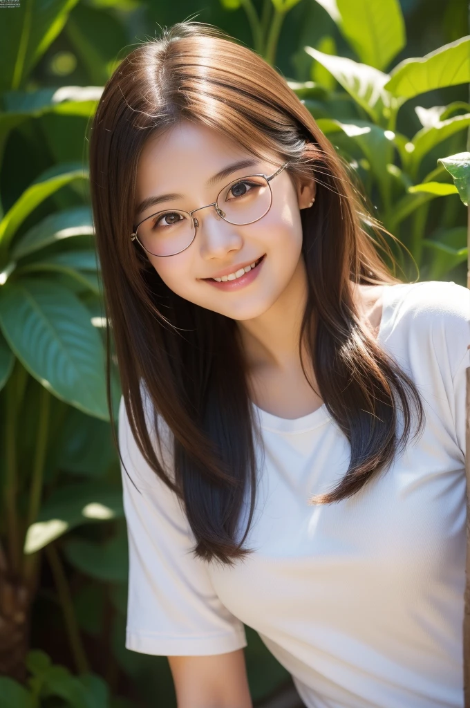 masterpiece, best quality, High school student，15 years old，Round glasses，youth，Light shirt，Thin stature，White background，happy，Smile，Smile，Hair accessories，Light，Sunlight，Lighting，Light and Shadow，(Extremely detailed CG unity 8k wallpaper), (best quality), (Best Illustration Award), (The best shadow), absurd, Realistic lighting, (abyss), Beautiful and delicate light, Leng Jun