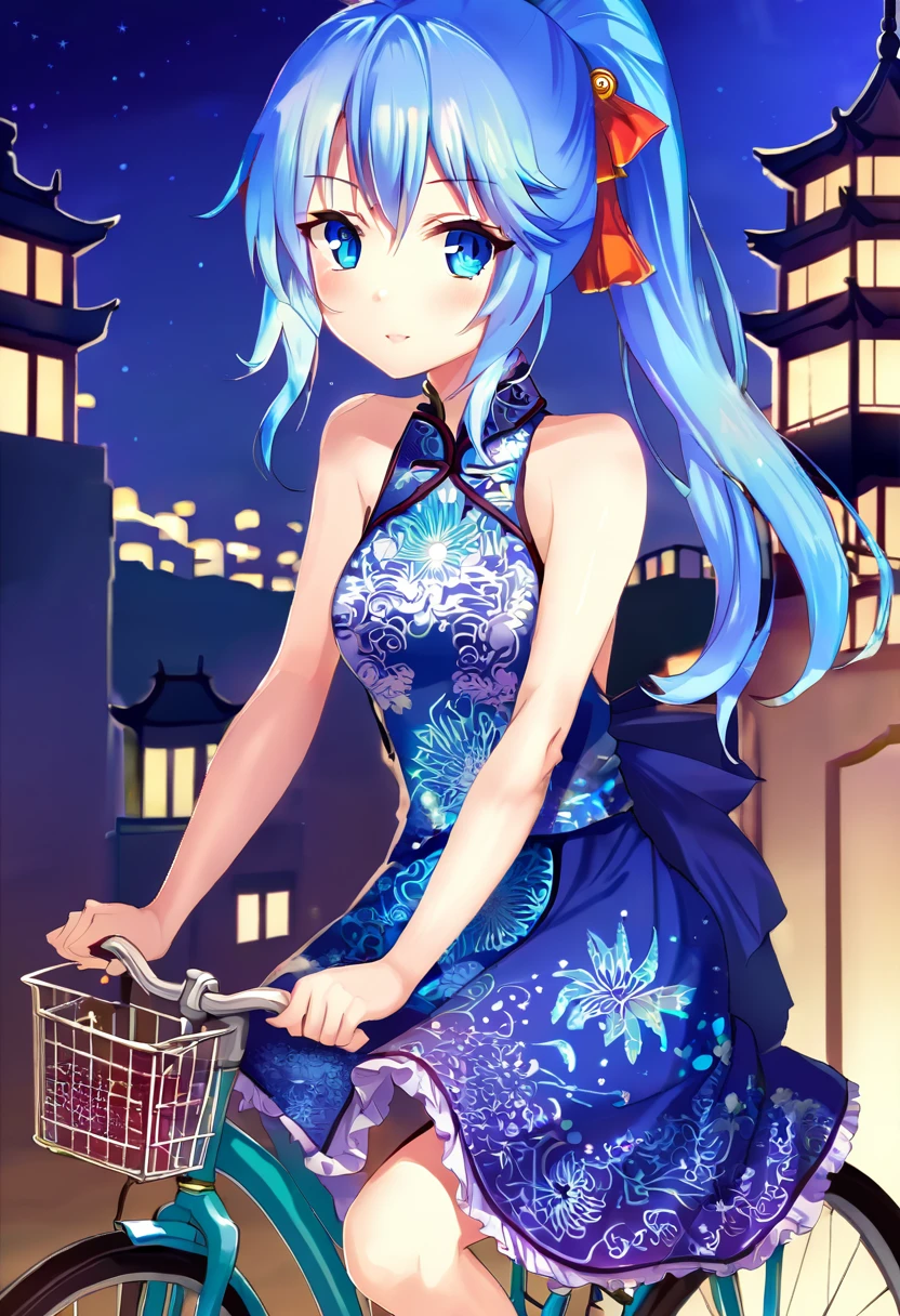 1girl, ponytail, blue hair, blue eyes, china dress, night view, rides a bicycle,
