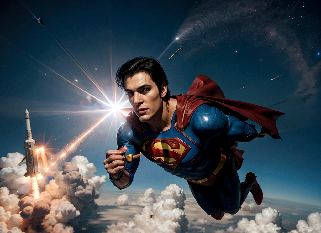 superman flys into space holding a rocket