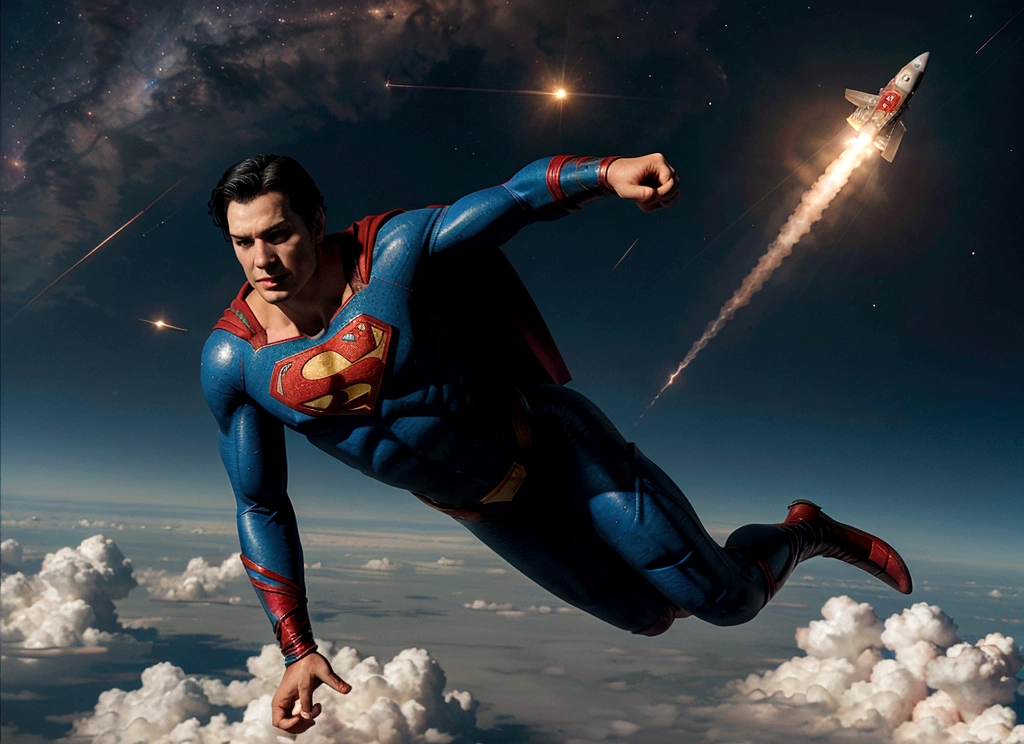 superman flys into space holding a rocket