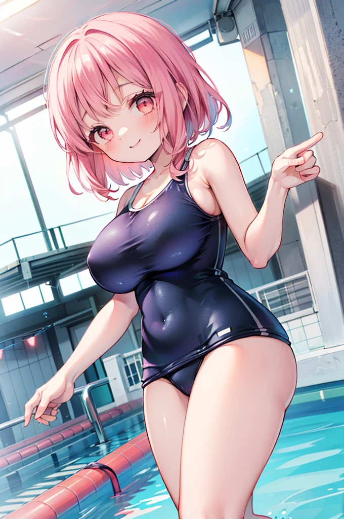 ((Masterpiece)),((high resolution)),((Best Quality)),Anime illustration,(((1girl))),,(wavy hair),(short hair),(pale pink hair color),small ponytail,Red eyes,(Big round eyes),((tareme)),,((loli face)),very big breasts)),Short stature,,one-piece swimsuit,smile,Ladylike,Pool,