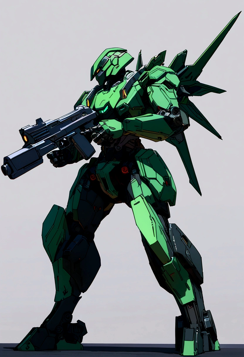 Dark_Fantasy, Cyberpunk, (Gun, 1.1), 1 Man, Mechanical Marvel, Robot Presence, Cybernetics Guardian, Green, 8K, Simple Background