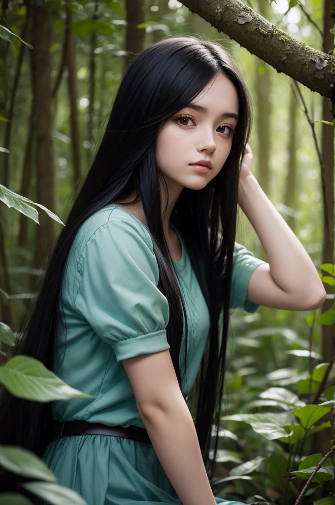 A 17 year old girl with long black hair in an enchanted forest 