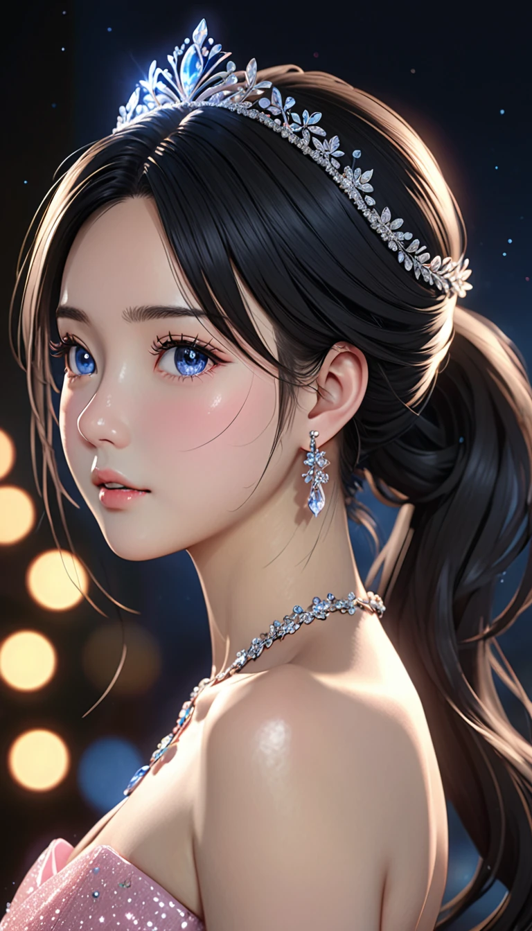 National Science Foundation,masterpiece,High resolution,8K,art,refer,3d,Realism,Kyoto Animation Style,Your Name movie style,Looking into the camera,Soft Light,Glowing Skin,超High resolution, Attention to detail, High resolution, 8K, 16K, high quality, 最high quality, Super detailed, Textured skin, masterpiece, Accurate, Anatomically correct, Awards,(1 female: 1.3),(alone: 1.4),Starry Sky(((Black Hair))),Beautiful black hair,(Ponytail Hair),(A woman wearing a beautiful tiara on her head),(Nice,Sparkly pink evening dress),Gorgeous evening dress with Swarovski crystals,(Crystal Hairpin),(Crystal Necklace),(Crystal Earrings),(Crystal Bracelet),(Crystal Ring),Long eyelashes,Thin legs,Upper body close-up,Bust Shot,(Starry Eyes),(blue eyes),Watery eyes,(blush),(shy),(Make sure your head does not extend beyond the screen)