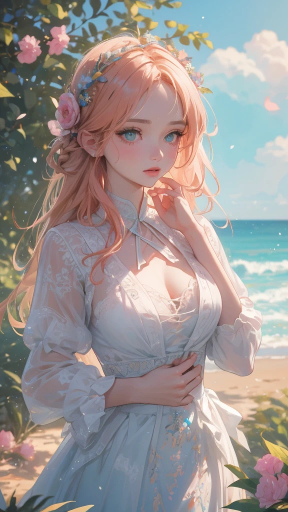 work of art, epic details, ultra detaild, best resolution, hair orange, greeneyes, Braided hair, ( Beautiful nymph ), beautiful and robust wreath of blue and pink leaves and flowers, { olhos ultra detailds }, (( rosto angelical )), sculptural body, ( peasant clothing ), (( perfect hands )), TREES, medieval scenery, medieval tavern, beautiful hairstyle with bangs