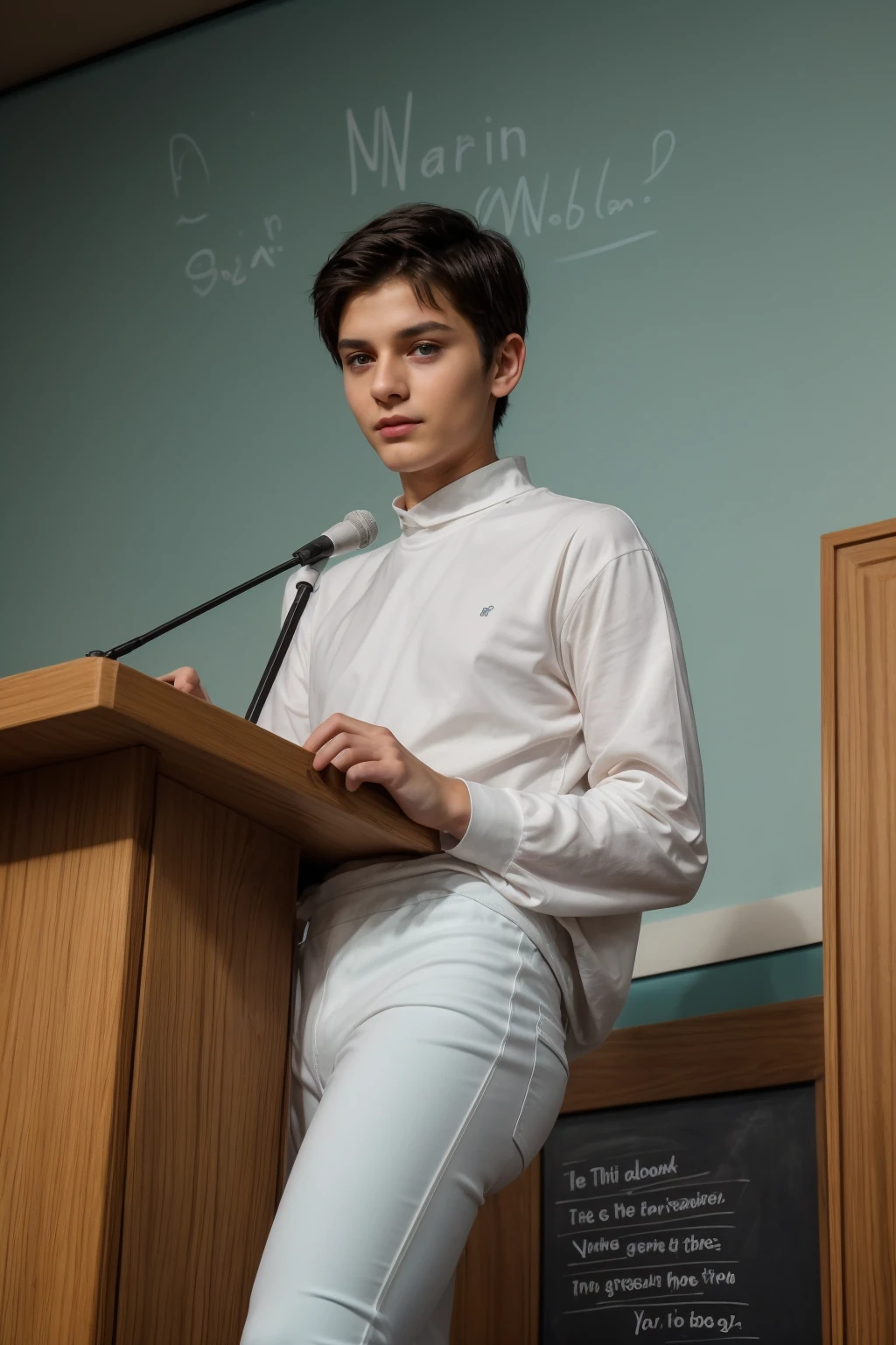 A beautiful young male twink with black hair and a face with makeup. He is wearing a long-sleeved white shirt with a tight fit and aqua blue pants. He is in a speech, speaking from the podium, and behind him is a huge blackboard with the phrase “The Greatest Mind of All” written on it, and he looks on proudly.