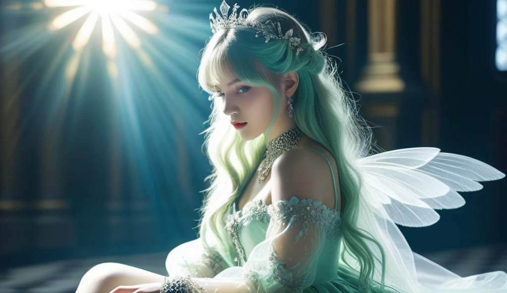 (Best quality,masterpiece,ultra realistic:1.3), (extremely intricate masterful beautiful:1.3), (hyperrealistic photography,photorealistic:1.4),(extremely ultra-detailed),RAW, (natural skin, detailed skin),(skindentation:0.3),(Art Nouveau:1.3),(vivid colors:1.3),(close portrait:1.3),(Beautiful fractal art:1.3),(((photo raw)), Rim Lighting/Backlighting and Silhouette Lighting Tilt-Shift Blur , ,),girl,1girl,peerlessly beautiful idol, beautiful detailed eyes,showing fashion wear,(see-through_clothing),(very_long_hair),(Elegant posture),shine,glowing,sparkling, film grain texture,analog photography aesthetic,dynamic composition,beautiful spirals,energy coalescing and vibrating,(dynamic angle,dynamic pose),(full_body:1.3),(W-sitting:1),
gothic_lolita,wearing see-through (gothic outfit:1),
(mint green),(watch, shimmering included (i2) rhodochrosite, briolette cut, checkerboard cut facets, 10.00 carat, gorgeous, glittered, acrylic, rock-hard, scratch resistance, modification, baroque setting, rare, hard to find, space age, modern, talisman and amulets),( hidden valley avenue),(oversized mad hatter's tea party),(quantum portal gateway, composite materials,Dolomite stone,rubber roofing roof, Pathway Lights,Northern Lights, pathway lighting),
(gold),(silver),colorful aura,diamond,platinum, luxury,charming,alluring,seductive,erotic,enchanting,(((god's sword:1.3))),pubic_hair,
otherworldly being with luminous ethereal wings,radiating an aura of tranquility and grace,body adorned with intricate patterns and delicate lines,evoking a sense of harmony amidst chaos,high detail,award winning masterpiece with incredible details,non-representational,colors and shapes,expression of feelings,imaginative,highly detailed,eerie,unsettling,ooky,suspenseful,detailed,half Black Half White,ultra wide angle lens,
SimplePositiveXLv2