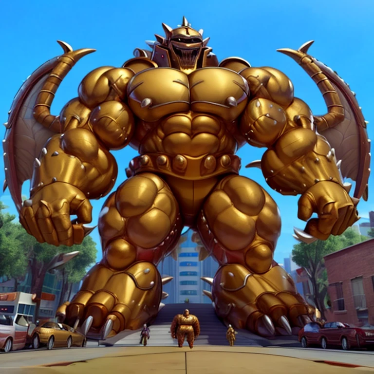 (Solo. masterpiece. official art. 8k. best quality. detailed full body. full body.)
(situation 1 : dominating Rubeus J. Rubeus J is over 1000 meters long. focus GIANT mechanical Muscular Rubeus J is trampling the city. Looking down. macro. stomp. Low-angle perspective. emphasizing the immense size. He is much bigger than a skyscraper. Giga Giants. looking down. foot focus, (soles:1.2))

(situation 2 :smoke and flames rising from the destruction in the city)

(Additional details 1: wearing a full-face helmet. golden armor. Armored Flazzard. Armored_Flazzard. high-tech bio-mecha armor. real texture material. whole body shines like metal.). 

(Additional details 2: (Detailed head. Detailed Body. Detailed abs. gigantic muscles. HYPER MUSCLES. Gigachad Muscular. big muscle. pecs. triceps. traps. unusually developed muscular body. body full of huge muscles. showing off muscles. pectorales enormes. Exaggeratedly huge muscles. huge muscles. long legs.).

(Additional details 3: Spread wings. It has wings. have big wings. The claws are sharp. Sharp teeth).