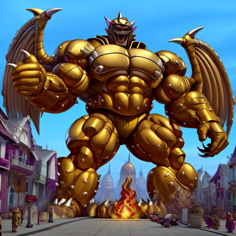 (Solo. masterpiece. official art. 8k. best quality. detailed full body. full body.)
(situation 1 : dominating Rubeus J. Rubeus J is over 1000 meters long. focus GIANT mechanical Muscular Rubeus J is trampling the city. Looking down. macro. stomp. Low-angle perspective. emphasizing the immense size. He is much bigger than a skyscraper. Giga Giants. looking down. foot focus, (soles:1.2))

(situation 2 :smoke and flames rising from the destruction in the city)

(Additional details 1: wearing a full-face helmet. golden armor. Armored Flazzard. Armored_Flazzard. high-tech bio-mecha armor. real texture material. whole body shines like metal.). 

(Additional details 2: (Detailed head. Detailed Body. Detailed abs. gigantic muscles. HYPER MUSCLES. Gigachad Muscular. big muscle. pecs. triceps. traps. unusually developed muscular body. body full of huge muscles. showing off muscles. pectorales enormes. Exaggeratedly huge muscles. huge muscles. long legs.).

(Additional details 3: Spread wings. It has wings. have big wings. The claws are sharp. Sharp teeth).