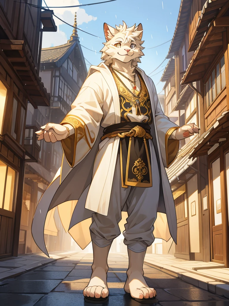 Anthro, white mein coon cat, full body, male, adult, hand paws, tail, strong, light robe, light pants, flip flop, fancy modern japenese clothing, ornate clothing, necklace with pendant, abdomen on display, innocent look, warm expression, hairy body, 8K, dynamic lighting, ultra detailed, masterpiece, street of a medieval town, raining