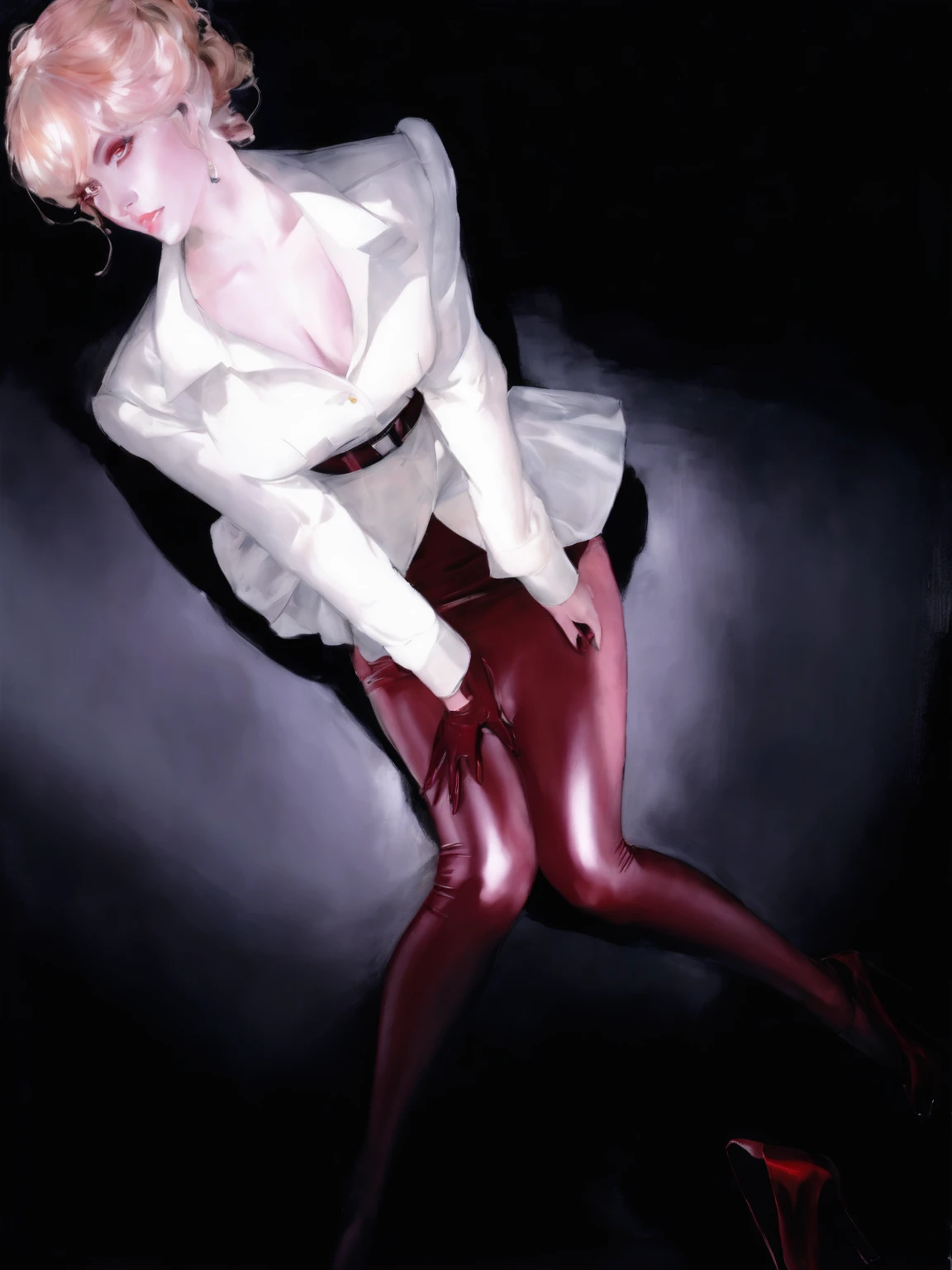 A pale beauty sits demurely on a shiny black tile floor, surrounded by suited gentlemen. Her beige hair falls in soft waves around her heart-shaped face. A cream-colored blouse hangs loose, its folds spilling over her knees like a gentle waterfall. Dark red latex stockings and gloves stretch taut against her legs, the reflective sheen drawing attention to her slender frame. Black stilettos elongate her legs, making her appear statuesque. The men standing around her wear elegant red dress shoes, their eyes fixed on her as she sits serenely, her stuffed legs a subtle nod to her vulnerability.