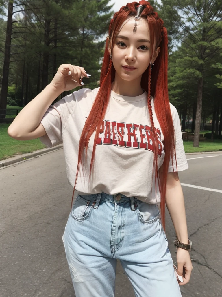 Beautiful woman with red braids, pink T-shirt, jeans, white sneakers.