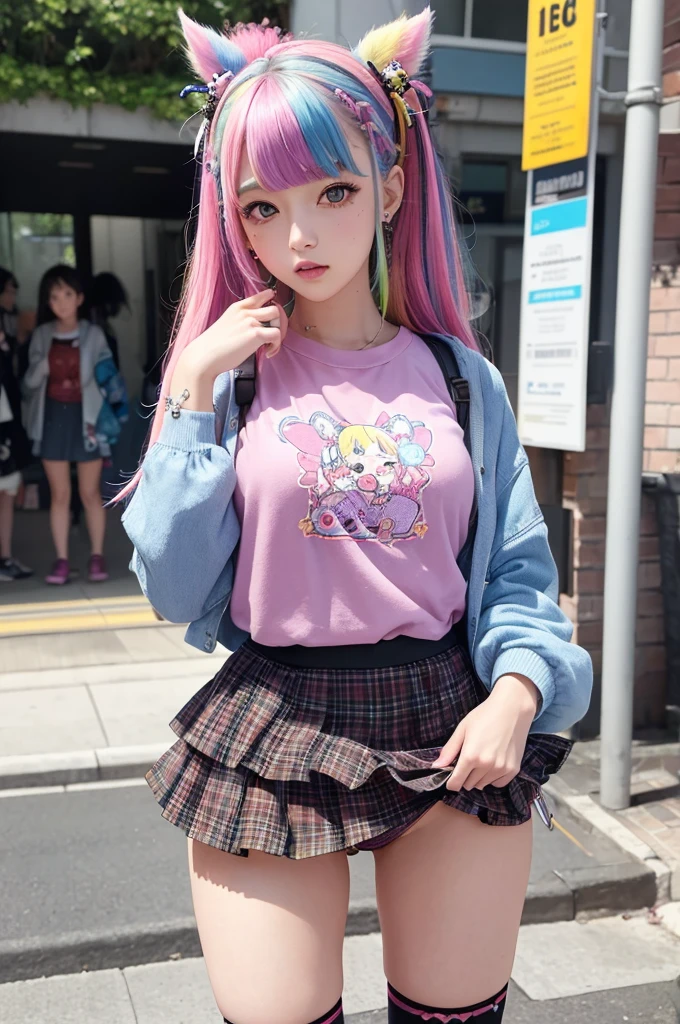 photorealistic,(4k,masterpiece, best quality,ultra highres),
1girl,cute,,kawaii,(random color hair,multicolored hair:1.2),(harajuku-style decora punk fashion:1.4),(girl with layered colorful clothing:1.2),(multiple hair clips),knee-high socks with different patterns),carrigyng a pulshie,standing at harajuku street,dynamic angle,(cowboy shot:1.0),happily,pose,BREAK.beautiful detailed face,shiny skin, eyes with large brown irises, small mouth, fresh lips, tall , nose blush, medium breasts,candy,BREAK nsww,slutty,((She lifts up her skirt and shows her panties:1.2)),panties focus,