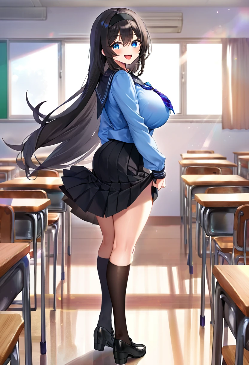 ,akiha,best quality,masterpiece, super fine illustration,1girl,solo,looking at viewer, , sailor collar, serafuku ,blue shirt, long sleeves, purple neckerchief ,blue neckerchief, black skirt, pleated skirt, black socks ,kneehighs, black footwear ,loafers, classroom  ,full body,standing,arms_behind_back,smile,;d,open mouth, large breasts, , perfect face, bangs, black hair, long hair, black hairband, perfect shiny hair, blue eyes, ultra-detailed eyes, iridescent shiny eyes,　nipple