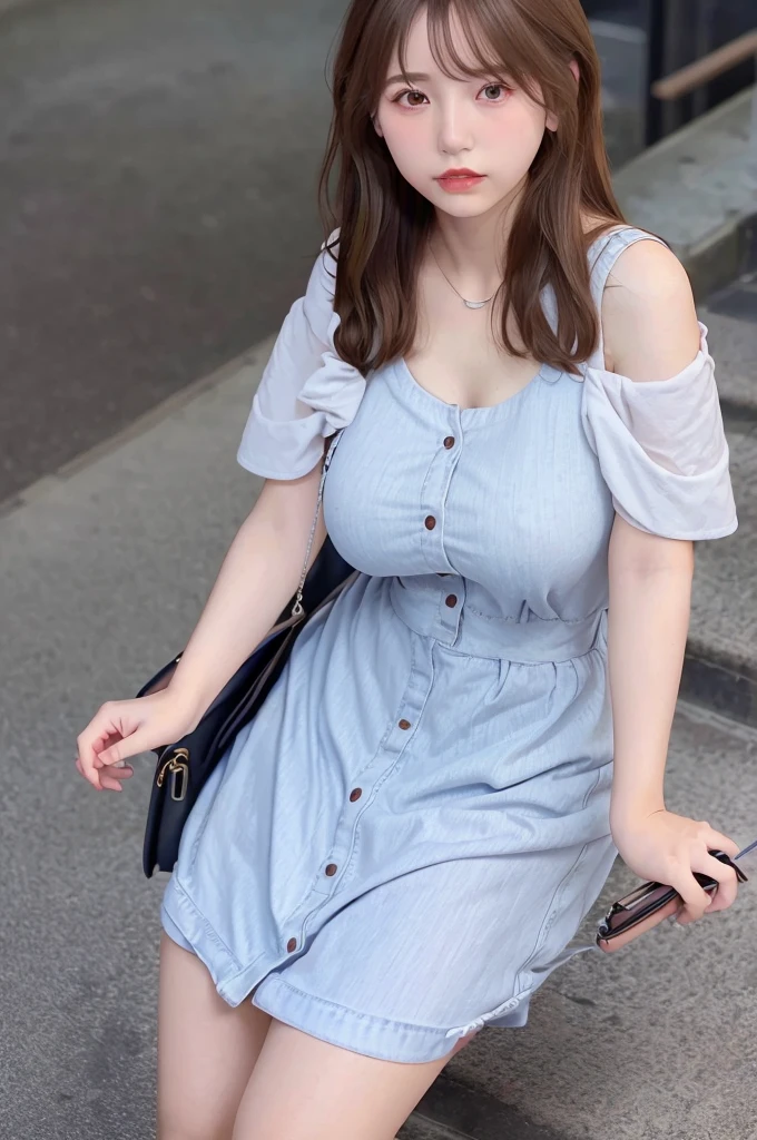 (1girl solo:1.2), cowboy shot (dutch angle from above:1.2), looking at viewer, pov,shoulder bag strap between breasts paisura
(walking on stairs:1.2) in train station platform, railing, white t-shirt, jeans, shoulder bag strap between breasts paisura, Silver hair, very short hair, slanted eyes, medium breasts（C Cup)-Pale blue eyes、、８K, highest quality, masterpiece, Ultra-detailed、full lips、、、Blushing、lipstick、Perfect hands、Detailed hand, loose clothes, blush, sweatdrop, pumps, ８K, highest quality, masterpiece, super detailed、、blush、lipstick、medium breasts、perfect hands、detailed hands,shoulder bag strap between breasts paisura、shoulder bag strap between breasts paisura