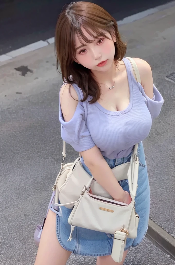 (1girl solo:1.2), cowboy shot (dutch angle from above:1.2), looking at viewer, pov,shoulder bag strap between breasts paisura
(walking on stairs:1.2) in train station platform, railing, white t-shirt, jeans, shoulder bag strap between breasts paisura, Silver hair, very short hair, slanted eyes, medium breasts(C Cup)-Pale blue eyes、、8K, highest quality, masterpiece, Ultra-detailed、full lips、、、Blushing、lipstick、Perfect hands、Detailed hand, loose clothes, blush, sweatdrop, pumps, 8K, highest quality, masterpiece, super detailed、、blush、lipstick、medium breasts、perfect hands、detailed hands,shoulder bag strap between breasts paisura、shoulder bag strap between breasts paisura