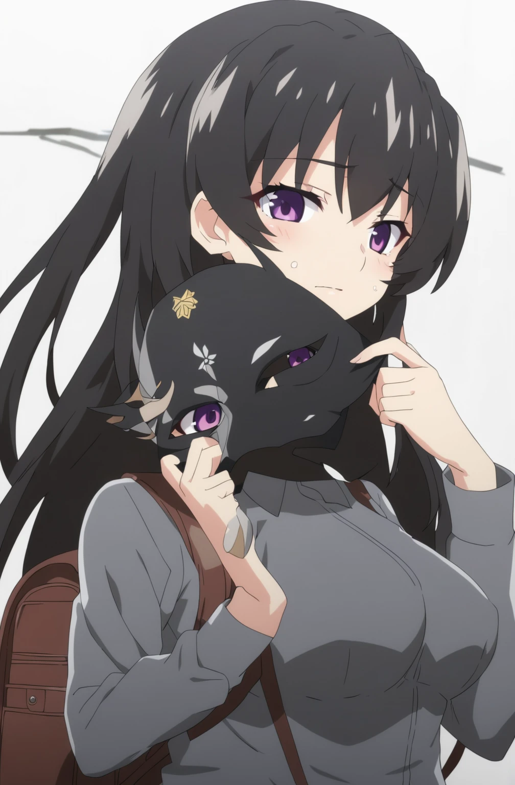 anime girl with a backpack and a mask on her face, purple eyes, anime moe artstyle, cute anime waifu in a nice dress, anime visual of a cute girl, beautiful anime high school girl, gray shirt, short skirt, anime girl with long hair, long straight hair, high quality anime artstyle, from girls frontline, anime style 4k, mature anime girl, anime girl wearing a black dress, kantai collection style,black shiny hair, taking off the mask, normal breast