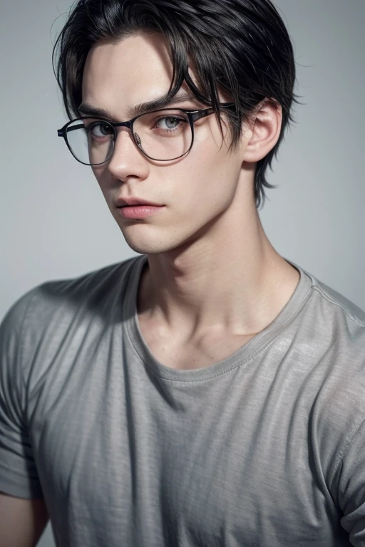 Create a 24 year old man with black hair, gray eyes, white tea, with glasses, marked jaw and upturned nose. Make it a little muscular, wear a black shirt, who has a tattoo of a small star on the side of his neck, that he is tall and that he has a slight resemblance to Bill Skarsgård. and make it look like a real person.