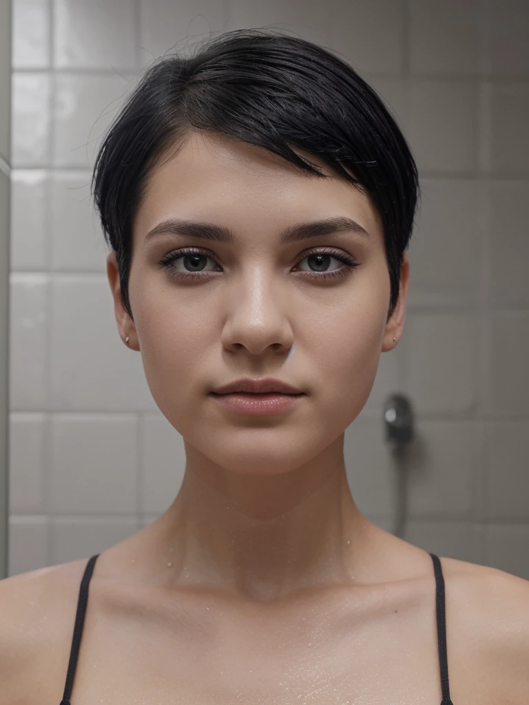 8k, RAW photo, best quality, ultra high resolution, photorealistic, slim girl with black purple short bob undercut haircut, shower