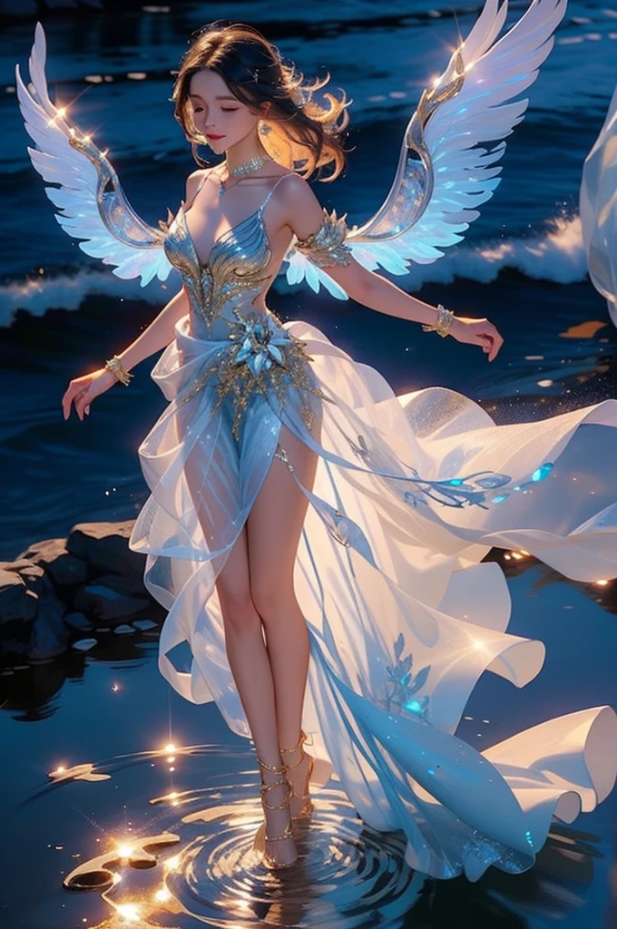 1girl,glowing,silk dress,see-through,elegant,lazy,wind,floating hair,white hair,night,spinning,dynamic pose,dynamic angle,necklace,jewel,glitter,full body,glowing wings,from above,ripples,standing on lequid,drop of water,