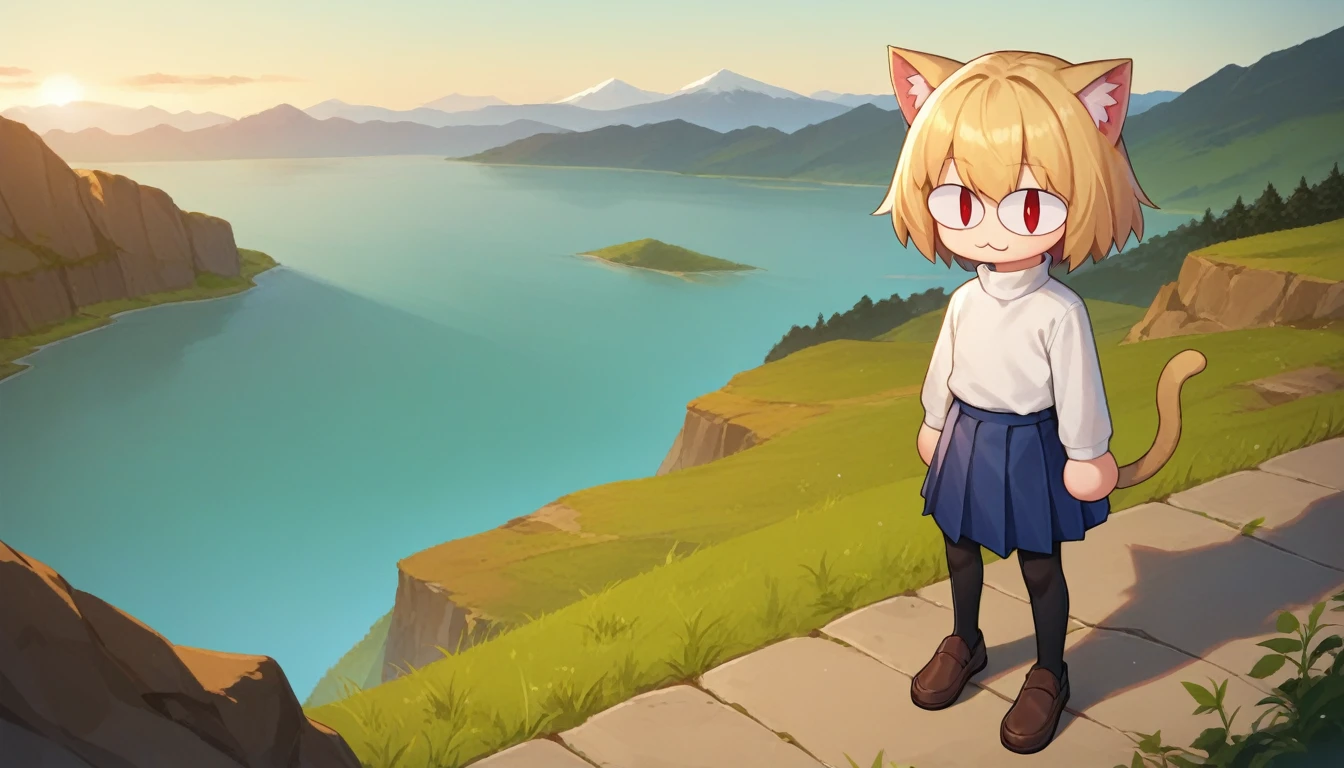 score_9, score_8_up, score_7_up, score_6_up, score_5_up, score_4_up, BREAK, 1boy, solo, necoarc, lit pupils, cat ears, blonde hair, red eyes, :3, turtleneck, blue skirt, pleated skirt, pantyhose, brown footwear, highlight thighs, landscape, outdoor