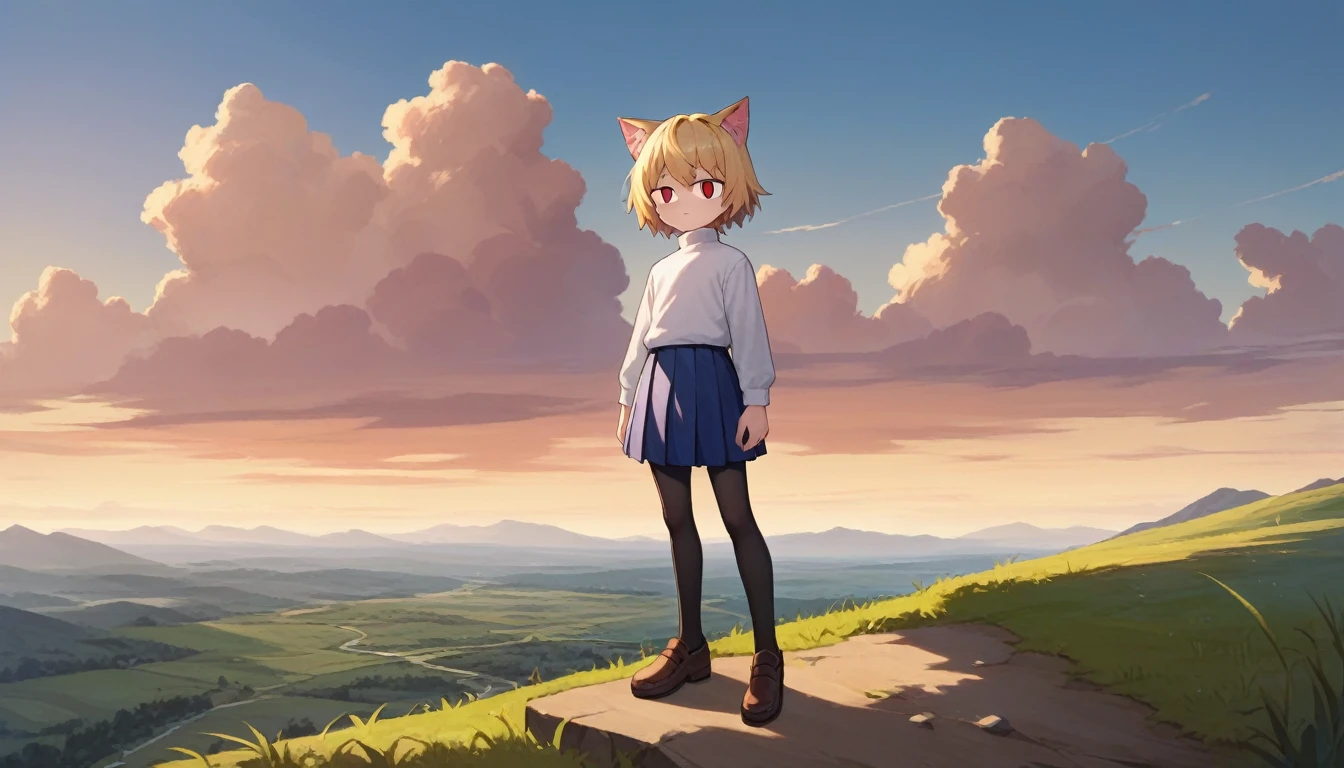 score_9, score_8_up, score_7_up, score_6_up, score_5_up, score_4_up, BREAK, 1boy, solo, necoarc, lit pupils, cat ears, blonde hair, red eyes, :3, turtleneck, blue skirt, pleated skirt, pantyhose, brown footwear, highlight thighs, landscape, outdoor