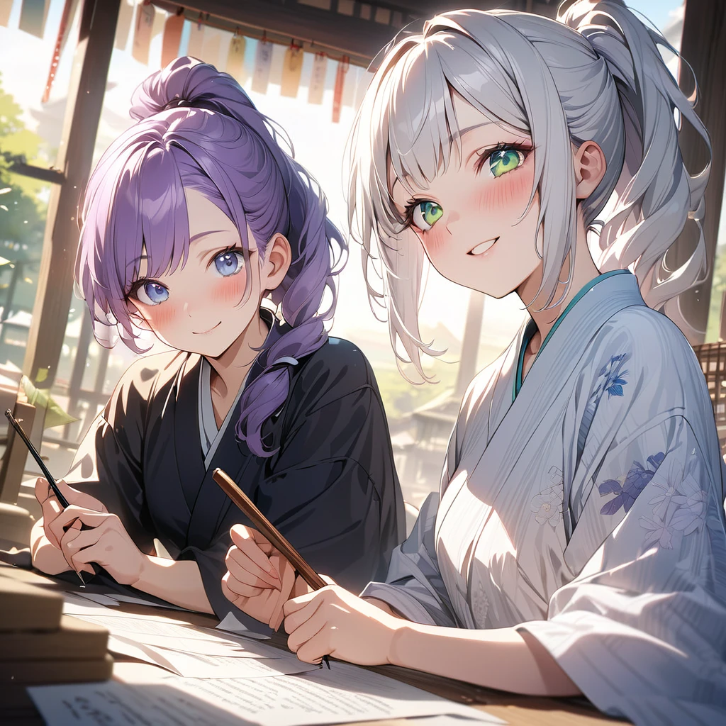 masterpiece, ultra detailed, 8K, a girl, kawaii, light atmosphere, anime visual, (tilt head:1.3), extremely delicate face, realistic lighting and shading, (an extremely delicate and beautiful art:1.3), 2 girls,blush,Japanese-style white colored yukata, cowboy shot, one girl with pale silver hair, ponytail hair, blue eyes, smiling ,other girl with pale purple hair, green eyes, smilng, two girls are Writing words with brush on strip of papers for the Tanabata Festival. Sitting upright.