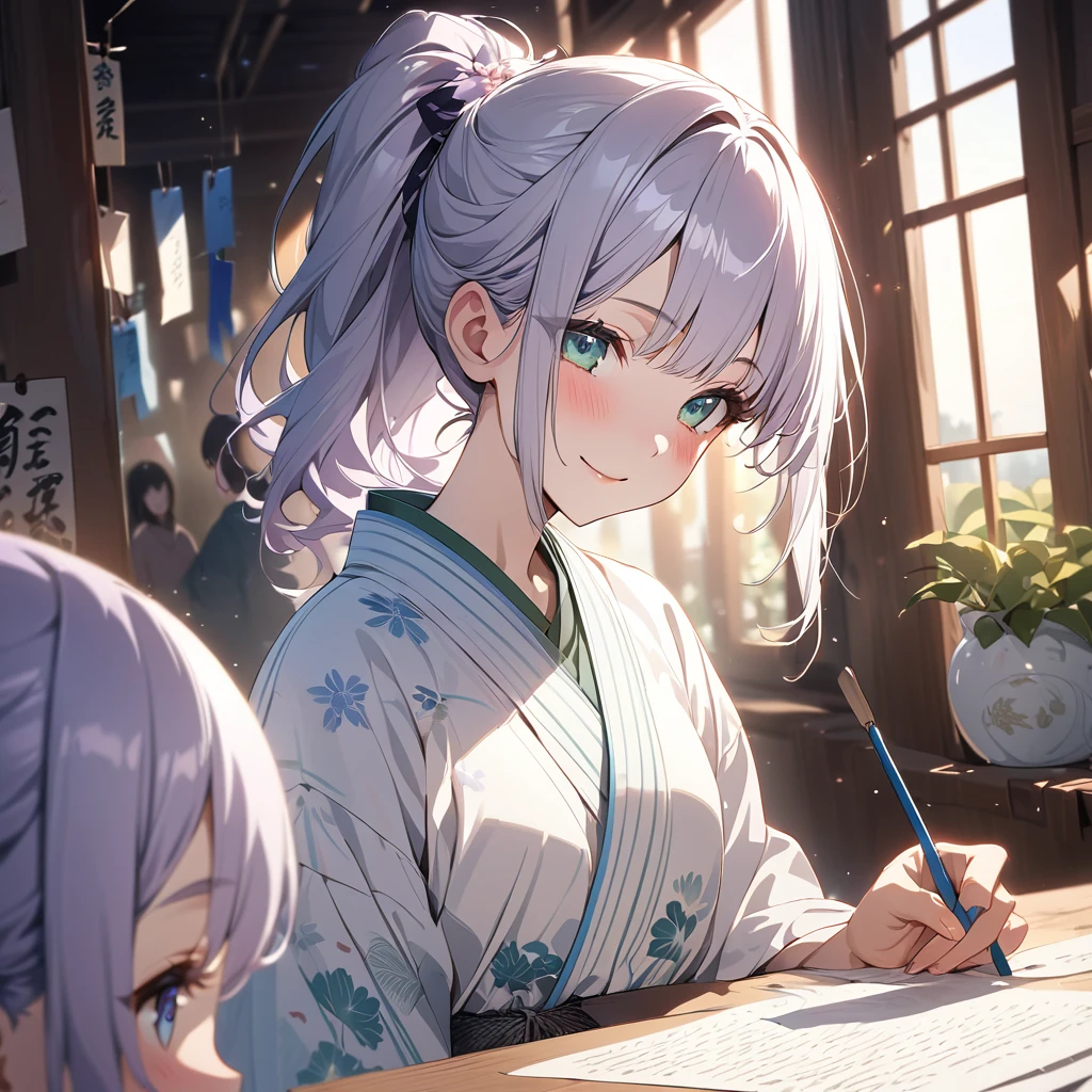 masterpiece, ultra detailed, 8K, a girl, kawaii, light atmosphere, anime visual, (tilt head:1.3), extremely delicate face, realistic lighting and shading, (an extremely delicate and beautiful art:1.3), 2 girls,blush,Japanese-style white colored yukata, cowboy shot, one girl with pale silver hair, ponytail hair, blue eyes, smiling ,other girl with pale purple hair, green eyes, smilng, two girls are Writing words with brush on  strip of papers for the Tanabata Festival. Sitting upright.