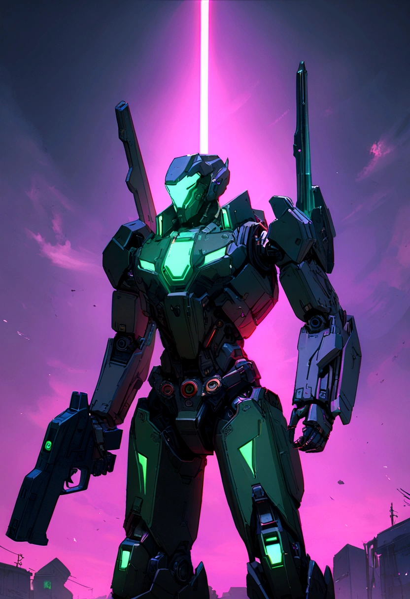 Dark_Fantasy, Cyberpunk, (Gun, 1.1), 1 Man, Mechanical Marvel, Robot Presence, Cybernetics Guardian, Green, 8K, Simple Background
