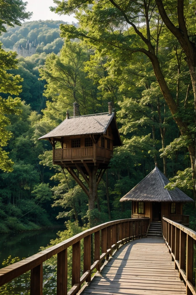 Tree houses in a forest with a view towards the town with a castle people walk on bridges linked by the trees