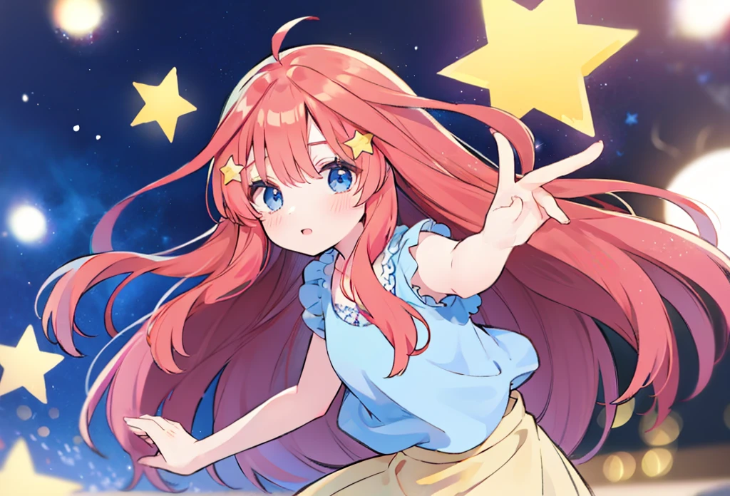 itsuki Nakano, Official art、Beautifully Aesthetic:1.2)、patterns、Hair spreads throughout、4k, excellent quality, Ultra Detail, Soft Light, Deep Focus Bokeh, Ray Tracing, --niji 5. Nakano itsuki from the quintessential quintuplets, itsuki Nakano, long fluffy red hair, blue eyes, nakano_itsuki, star hairclips, splendid, dynamic pose, excellent character design, star hair ornament , perfect face, neat, clean, perfect definition aaitsuki, long fluffy hair,bangs,hair between eyes, (Casual Outfit), long beige skirt, sleeveless top,surrounded by stars, playing with stars, curious amazed face