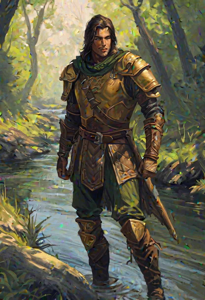 digital drawing, male rogue from the Elder Scrolls series, trunk, 1920x1080, short dark hair, golden eye, Light green skin, brown leather armor, without shoulder pad, Dynamic shading, expressive brushstrokes, oil on canvas, extremely detaild, light and dark colors , full body image, near river in a forest,