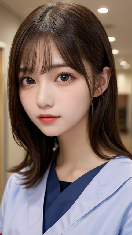 Pursuing realism、Tabletop, Highest quality, One Girl, (beautiful girl:1.3), (18-year-old:1.3), Very good vision, (Symmetrical eyes:1.3), (Nurse Costume:1.2), Beautiful breasts, Brown eyes, Parted bangs, Brown Hair, Hospital interior as background,Blur the background