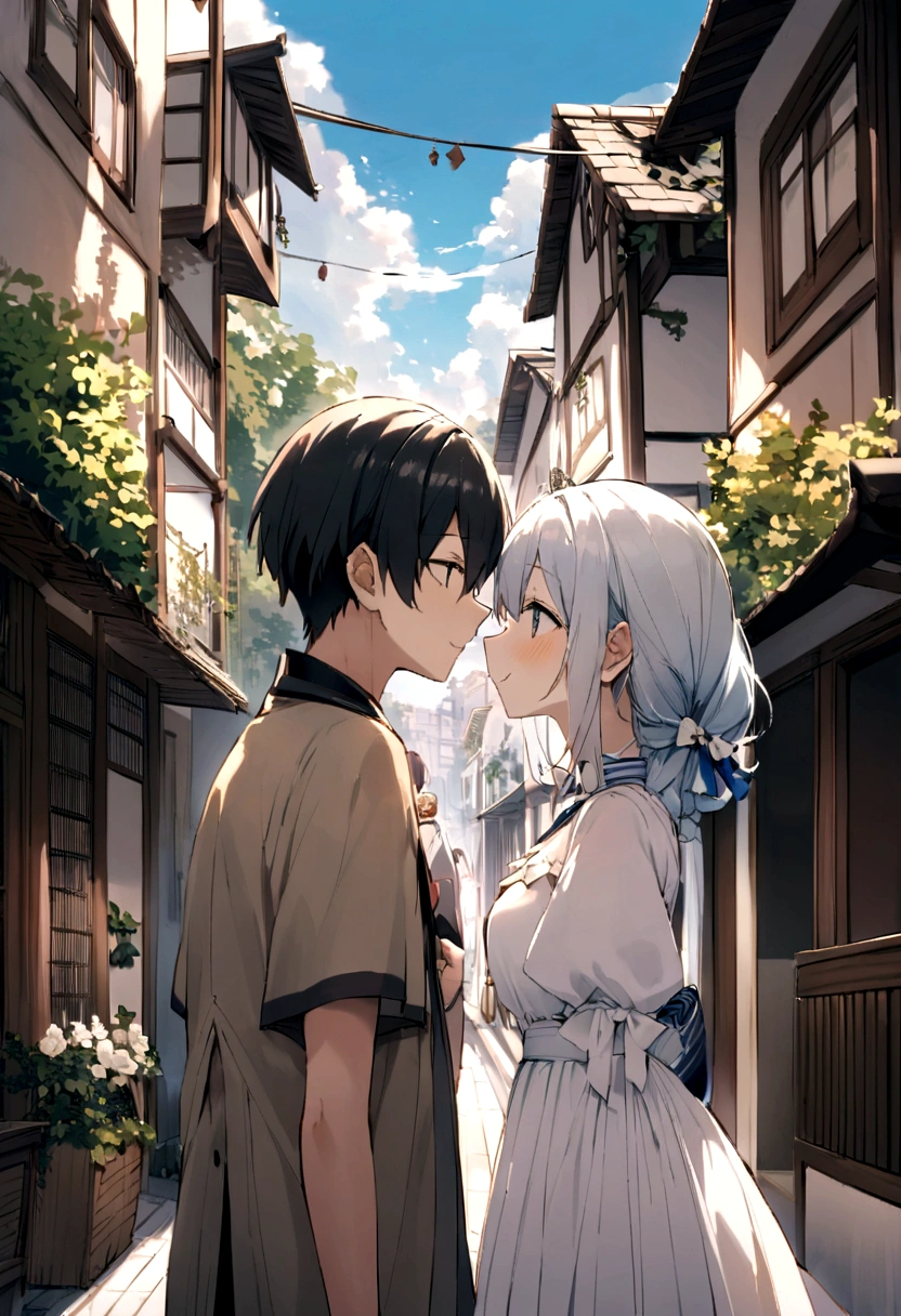 Scenery with Tanabata decorations、A couple who haven&#39;t seen each other for years meet on the street.，The style is Makoto Shinkai&#39;s《yourname》Memories flood my mind，His face was filled with emotion I hadn&#39;t seen in years.。。。。。，take the letter literally，Graceful features，Delicate face，Blue sky and white clouds，Random face-to-face，Randomly look back