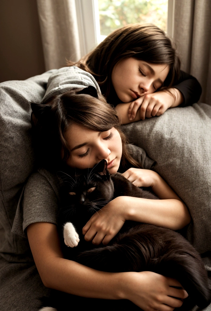 The cat is sleeping on the girl’s lap