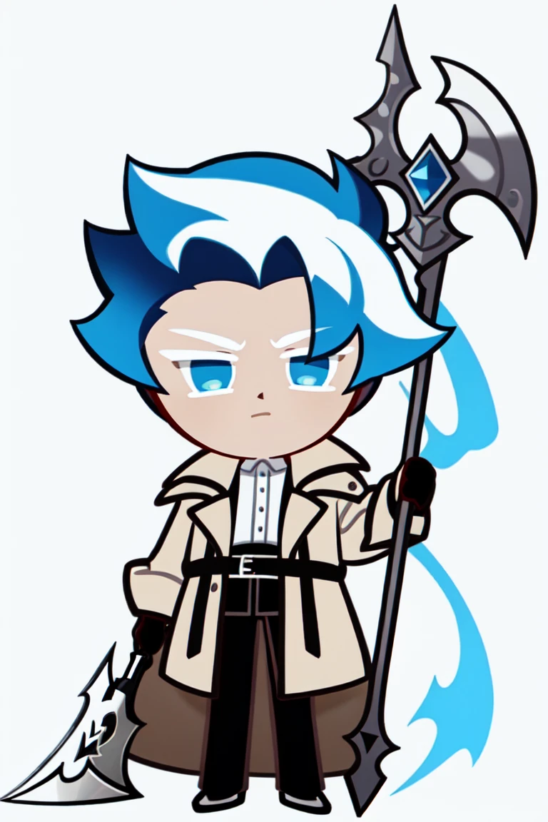 best quality, illustration, 1boy, ethereal, powerful, god-like, fatherly, mature, short blue hair, blue eye, white streaks on hair, black trench coat, battleaxe, white background, simple background, cookierun, solo, chibi, full body, 